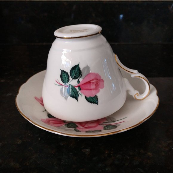 PINK ROSE GOLD TRIM GROSVENOR BONE CHINA ENGLAND TEACUP SAUCER SET SCALLOPED - Picture 14 of 14